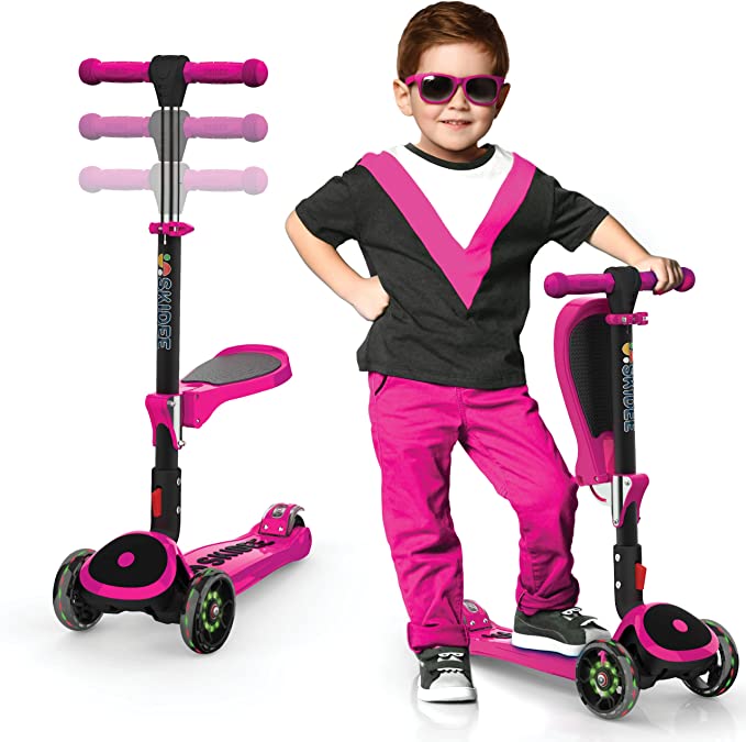 Y200 Kick Scooters for Kids Ages 3-5 (Suitable for 2-12 Year Old) Adjustable Height Foldable Scooter Removable Seat, 3 LED Light Wheels, Rear Brake, Wide Standing Board, Outdoor Activities for Boys/Girls